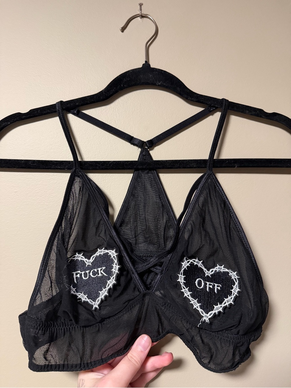 Black Mesh Bralette with 'F Off' Heart Embroidery Adjustable Straps
